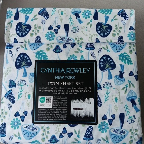 Cynthia Rowley Bedding Set of 4 TWIN Blue Mushroom Flower Groovy Cozy NEW Boho - Picture 4 of 4